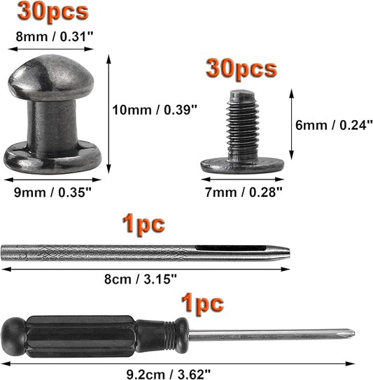 YORANYO 30 Sets 8MM Round Head Button Stud for Leather Chicago Screws Spikes and Stud Leather Rivets Screws Button Rivets for Repair and Decorate Clothing Shoes Belts Bags Dog Collars (Gunmetal)