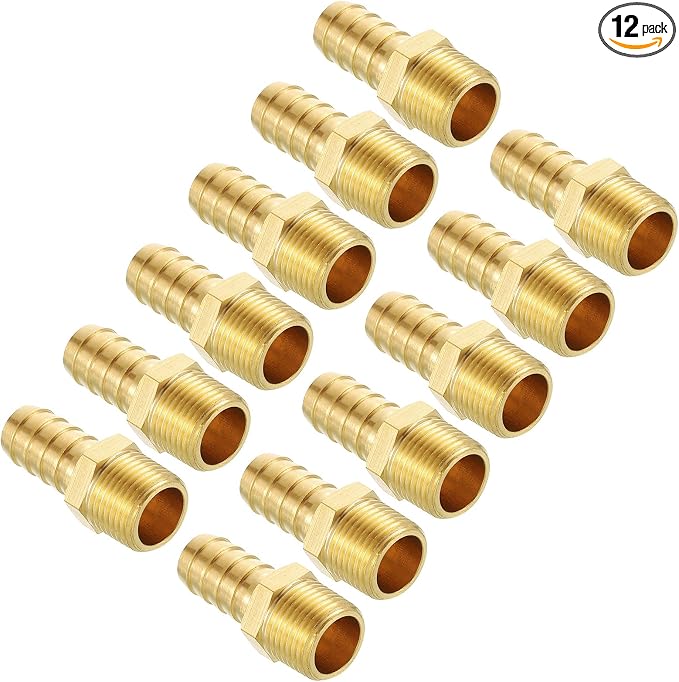 Pack of 12 Brass Hose Barb Fittings Adapter Connector 1/2" Hose Barb to 3/8" NPT Male Fittings for Home Machines, Massage Bathtubs, and Irrigation Systems
