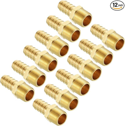Pack of 12 Brass Hose Barb Fittings Adapter Connector 1/2" Hose Barb to 3/8" NPT Male Fittings for Home Machines, Massage Bathtubs, and Irrigation Systems