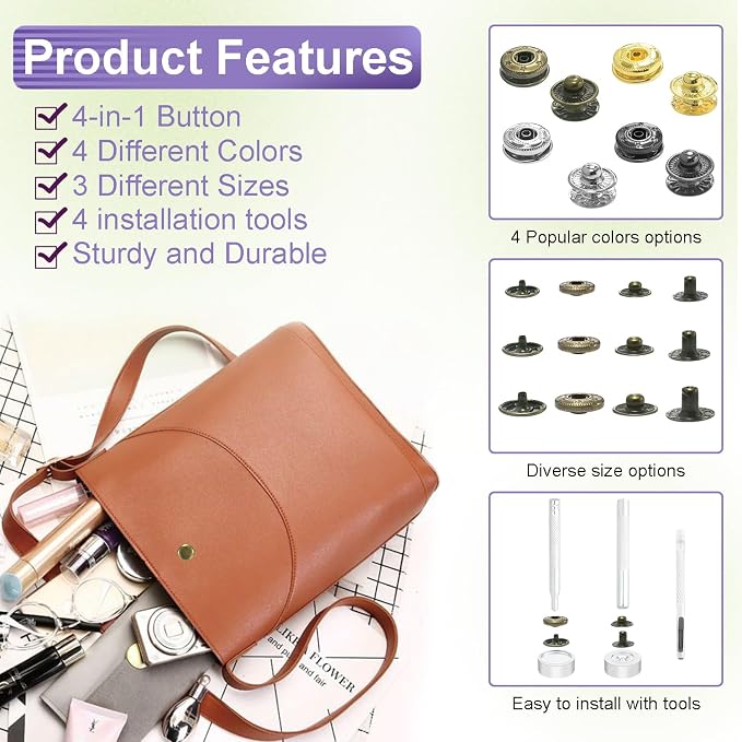 100Sets Snaps Button Kit, 12mm Leather Snaps Fasteners, Metal Button Press Studs with 4 Install Tools 4 Colors for Leather Bag Clothes Jackets Jeans Wears Bracelets Fashion DIY Sewing