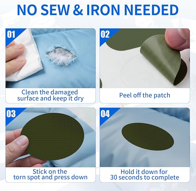 Waterproof Self-Adhesive Nylon Fabric Repair Tape - Tent Repair Kit,4pcs Fabric Patches for Jacket, Clothes, Puffer Down Jacket,Sleeping Bag, Outdoor Gear Tenacious Repairs Tape, Dark ArmyGreen