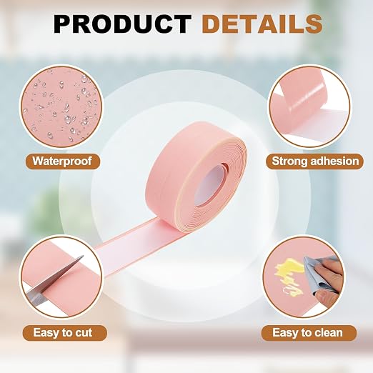 uxcell Caulk Tape Waterproof, 0.83 Inch x 10.5 ft Self-Adhesive Sealant Sealing Strip Caulking Sealant Tape PVC with Tool for Kitchen Sink Toilet Bathroom Bathtub Floor, Pink