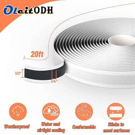 Oleitodh Black Butyl Sealant Tape – 1/2" x 80' Butyl Rubber Sealant, 4 Rolls Multi-Purpose Butyl Rope, and Putty Tape for RV Repair, Window, Boat Sealing, Glass and EDPM Rubber Roof Patching