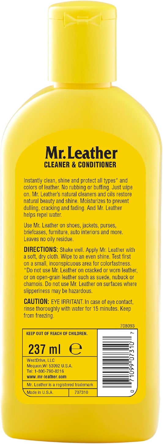 MR. LEATHER Cleaner and Conditioner (8 oz) - Restores & Protects All Leather with Natural Oils - Hydrating and Water-Repelling Cream for Couches, Car Interior, Shoes, and Bags
