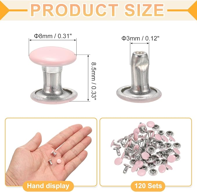 uxcell 120Set Leather Rivets, 8mm Double Cap Rivet Tubular Metal Studs Repairs Decoration Craft Accessories for Repair Decorate Leather Craft Belt Bag Shoes Purse Belts, Pink