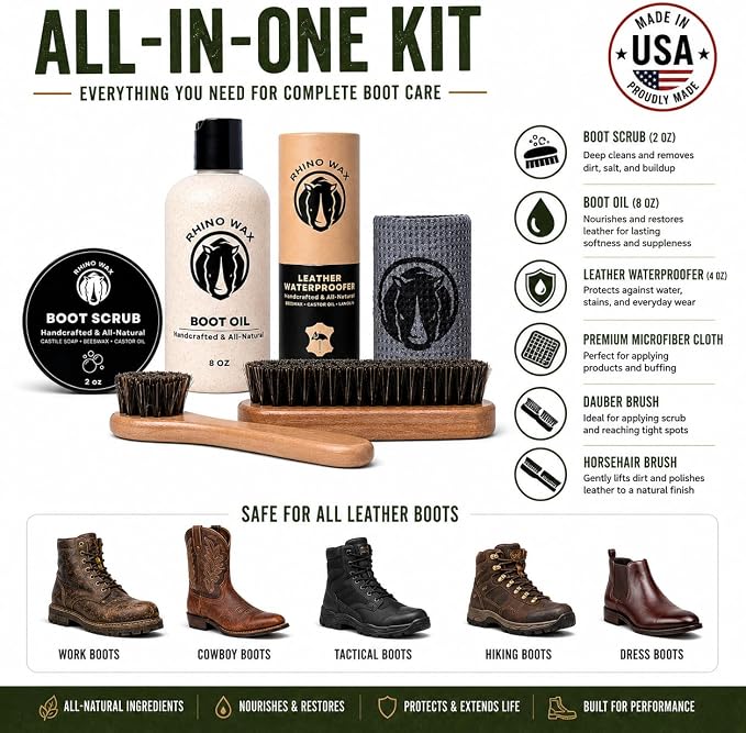 Leather Boot Care Kit - Made in USA (Not China) - Boot Oil, Waterproofer, Cleaning Scrub for Boots (Like Saddle Soap), Brushes and Cloth - Do NOT use Mink Oil (Love Animals) - All Natural Ingredients