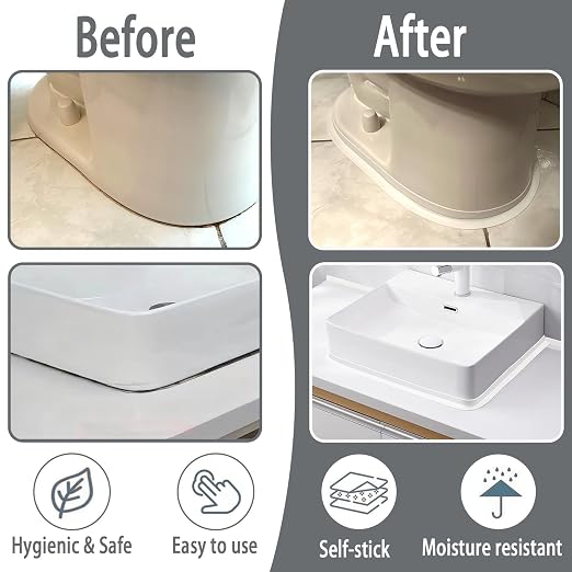 Waterproof Self Adhesive Caulk Tape for Bathroom and Bathtub - Traditional Toilet Sealer for Base, Edge Protector