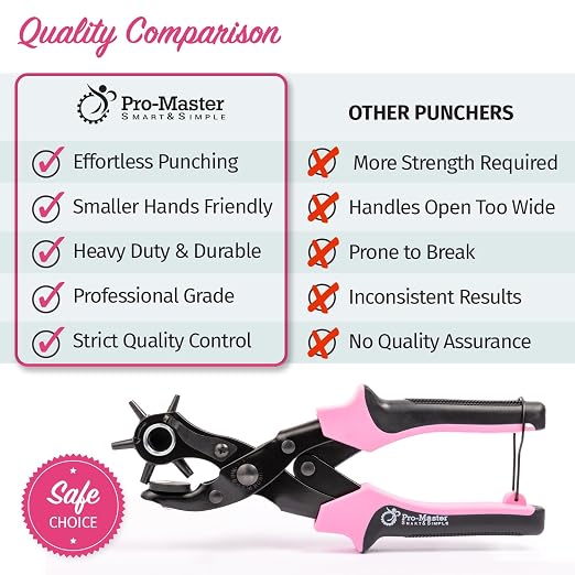 Pro-Master Belt Hole Puncher for Leather - Leather Punch Tool - 6 Multi-Size Rotary Heads 2-4.5mm - Double Leverage for Small Hands - Ideal for Watch Straps, Fabric, DIY Crafts - Crafting Kit - Pink