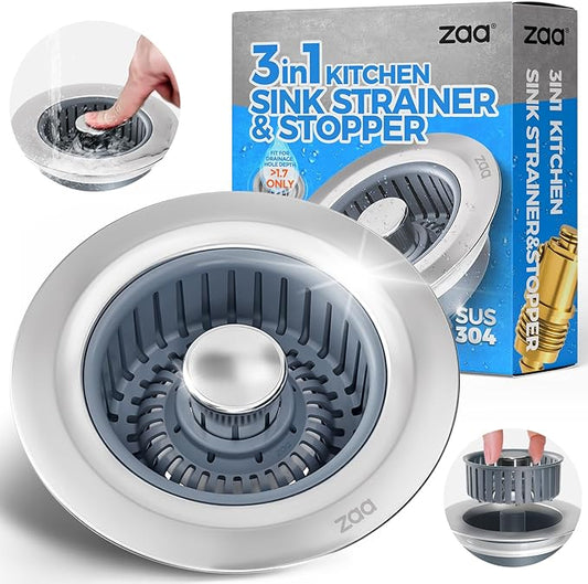Sink Drain Strainer - Sink Stopper Kitchen Drain, 3 in 1 Kitchen Sink Drain Strainer with Anti-Clogging Basket, Kitchen Gadgets Clearance Sink Accessories, Fit US Standard 3-1/2'' Sink Hole, Silver