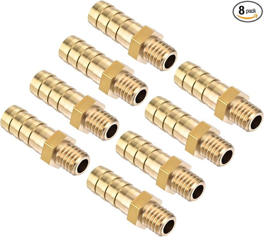 Pack of 8 Brass Hose Barb Fittings Adapter Connector 8mm Hose Barb to M8x1.25 Male Fittings for Home Machines, Massage Bathtubs, and Irrigation Systems