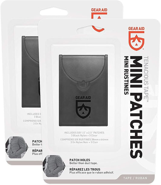 GEAR AID Tenacious Tape Mini Patches with Compact Pocket Case to Repair Holes and Tears in Micro Down Jackets, Vests, Tents, Rain Gear, and Outdoor Gear, 12 Patches (6 Clear, 6 Black)