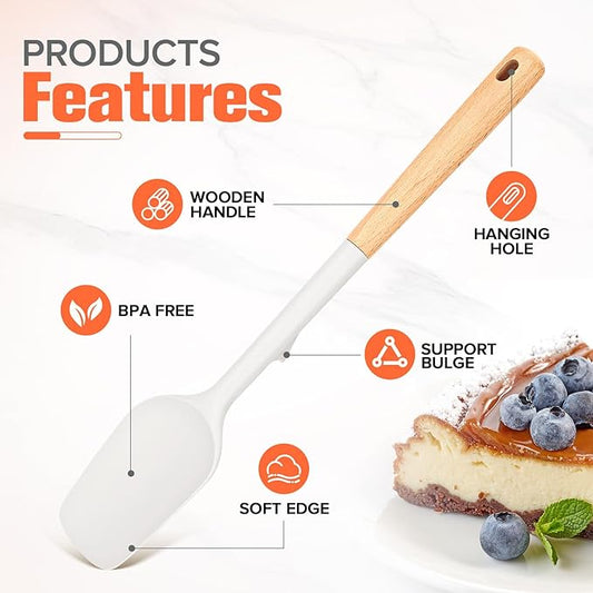 Large Silicone Spatula Scrapers with Long Wood Handle,Heat Resistant,Durable, Essential Baking Tools for Mixing, Folding, Scraping,Spreading for Nonstick Cookwares,Pack of 2 (White)