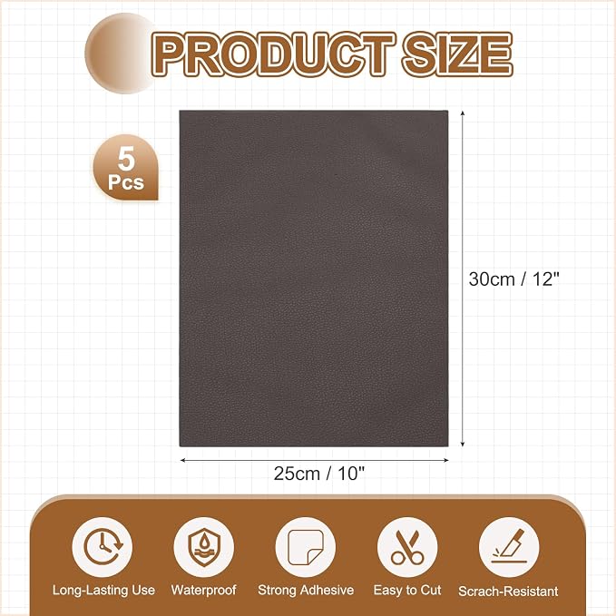 MECCANIXITY 5 Pcs Leather Repair Patch 10"x12" Self-Adhesive Leather Vinyl Repair Tape Kit for Furniture Couches Sofa Chair Car Boat Seats Jackets, Dark Coffee