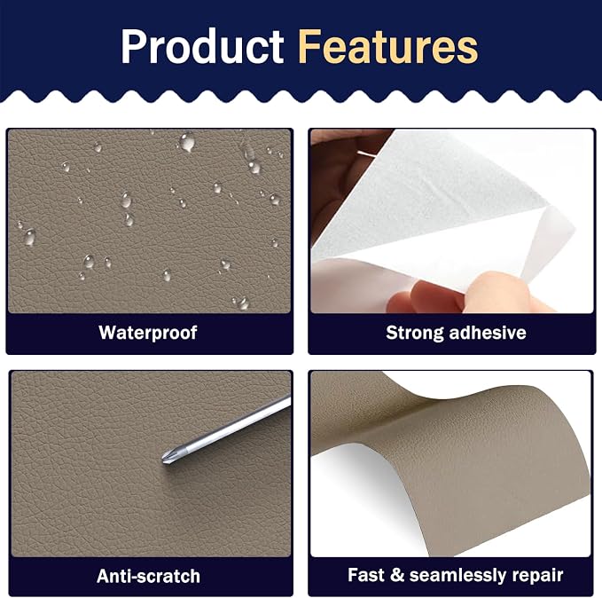 Zenyao Leather Repair Patch Tape - Self Adhesive Leather Repair Kit for Car Seat Furniture,Vinyl Repair Patch for Couch Sofa, Waterproof for Rips Scratches Tears, 16x60 Inch Roll, Ivory Grey