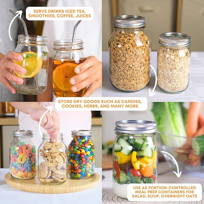FastRack Regular Mouth Glass Mason Jars with Metal Airtight Lids | 16 oz - Pack of 2 | Large Glass Jars for Food Storage with Lids | Ideal for Canning, Fermentation, Pickling, Kombucha Brewing