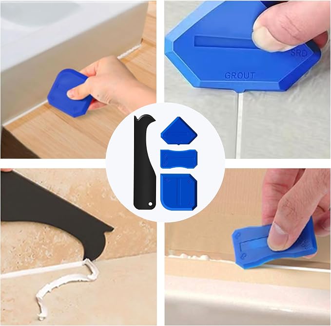 3 in 1 Silicone Caulking Tool Kit, Professional Sealant Finishing Tool with Replaceable Silicone Pads, Caulk Removal Scraper, Easy Grout Filling & Residual Glue Clean for Kitchen Bathroom Window Sink