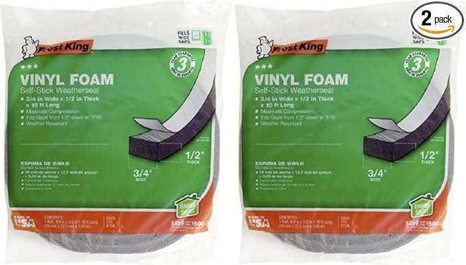 Frost King V734H Vinyl Foam Tape - Closed Cell - Moderate Compression, 3/4" W, 1/2" Thick, 10' L, Grey,Gray (Pack of 2)