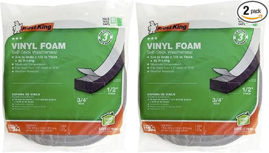 Frost King V734H Vinyl Foam Tape - Closed Cell - Moderate Compression, 3/4" W, 1/2" Thick, 10' L, Grey,Gray (Pack of 2)