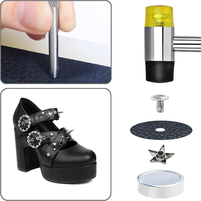 YORANYO 200 Sets Leather Rivets Kit Mixed Sizes Rivets for Leather Star Studs for Clothing Fabric Silver Rivets with Leather Crafting Rivet Tool for Repair Decorate Jackets Shoes Bags Belts Purse