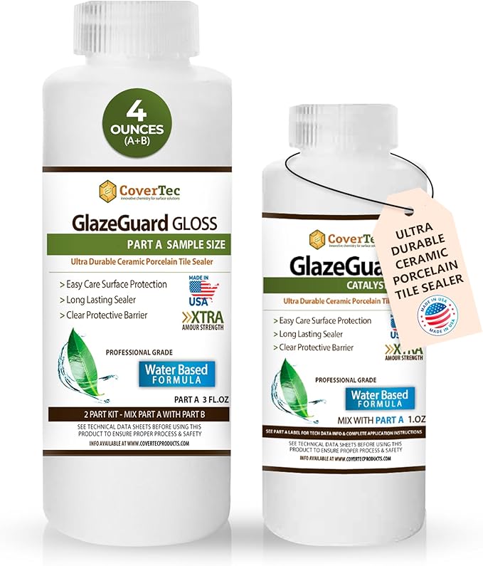CoverTec GlazeGuard High-Gloss Tile & Grout Sealer – Wet Look Waterproof Finish for Ceramic, Porcelain & Stone – Protects Showers & Floors – Long-Lasting Barrier (4 oz Kit)