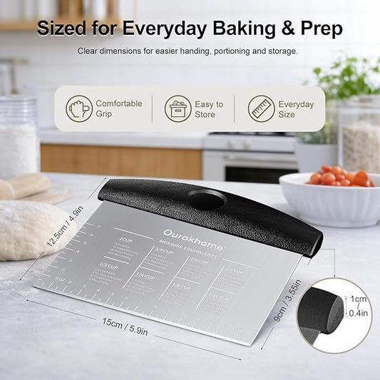 Ourokhome 2 Pack Bench Scraper Dough Cutter, Stainless Steel Dough Scraper with Laser-Etched Scale, Conversion Chart, Non-Slip Handle, Dishwasher Safe for Bread & Pastry, Black