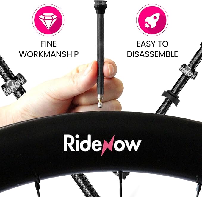 RideNow Tubeless Presta Valve Stems, 65mm Super Light Alloy Presta Tubeless Valve Stem Kit with Valve Core Remover Tool and Valve Stem Caps, Multiple Color and Size Options(Pair),Black