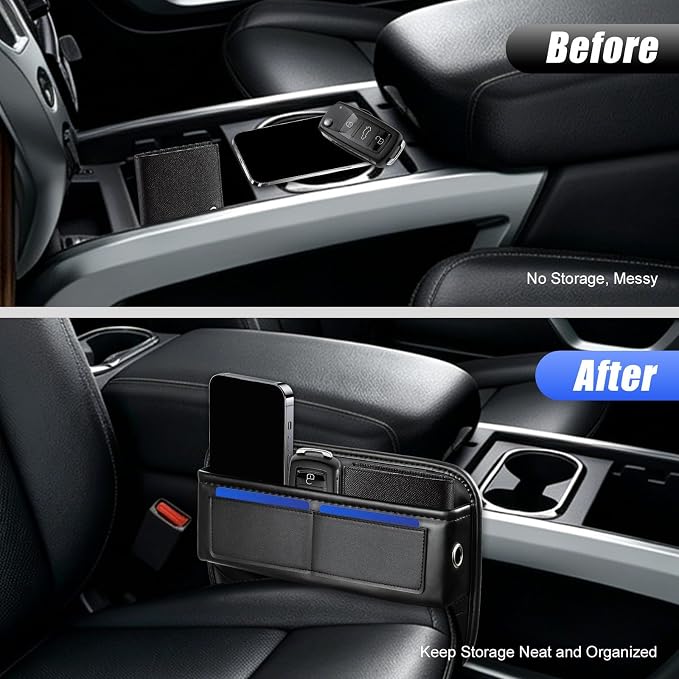 Premium Leather Car Seat Gap Filler Organizer, Universal Fit | Prevent Item Drops; Durable Waterproof Leather; Tool-Free Universal Fit; Extra Storage