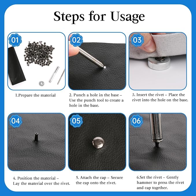 100 Sets Leather Rivets 10x10mm Double Cap Rivets Snaps Metal Studs Fasteners with 3pcs Setting Tools for Leather Craft DIY Repair Decoration, Gunmetal