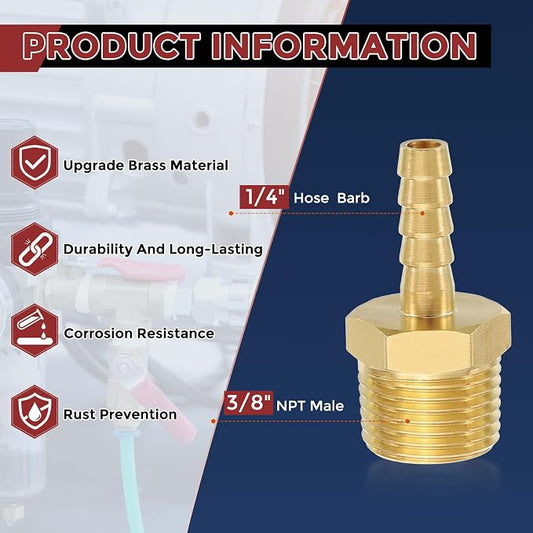 Pack of 8 Brass Hose Barb Fittings Adapter Connector 1/4" Hose Barb to 3/8" NPT Male Fittings for Home Machines, Massage Bathtubs, and Irrigation Systems