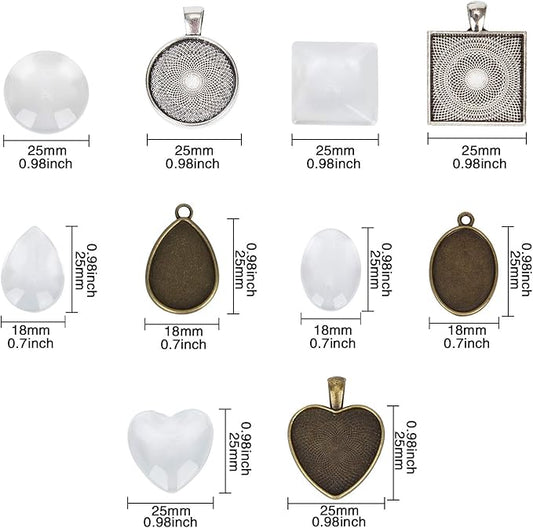 60 Pieces 5 Styles Pendant Trays 30pcs Round & Square & Heart & Teardrop & Oval and 30pcs Bright Glass Cabochon Dome Tiles for Crafting DIY Jewelry Gift Making