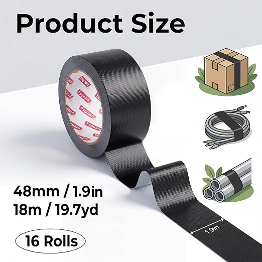 16 Pack Black Duct Tape Bulk 1.89IN x 20YD All-Weather Waterproof Heavy Duty Tape, 8.26Mil Adhesive Duct Tape for Indoor Outdoor Repair Reinforcement Bundling Packaging, 1.89IN× 20YD×16 Pack