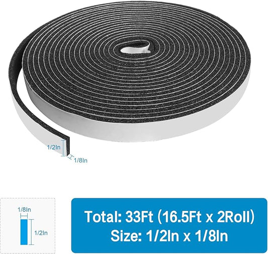 DGSL Foam Insulation Tape, 1/2In x 1/8In x 33Ft Weather Stripping Door Seal Strip for Doors and Windows,Sliding Door,Sound Proof Soundproofing Door Seal,Weatherstrip,Air Conditioning Seal Strip