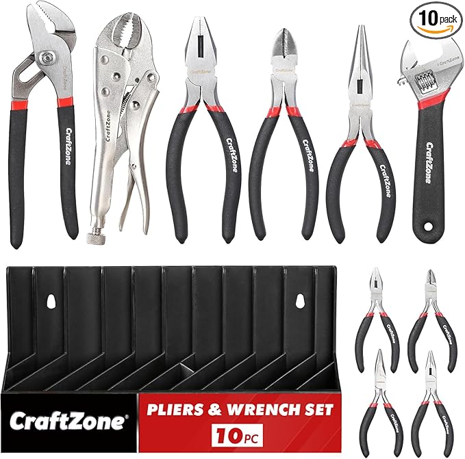 10PC Pliers and Wrench Set with Storage Rack – Includes Locking | Long Nose | Diagonal Cutter | Groove Joint | Linesman & Mini Plier, Carbon Steel Tool Kit for DIY and Home a Gift for Man