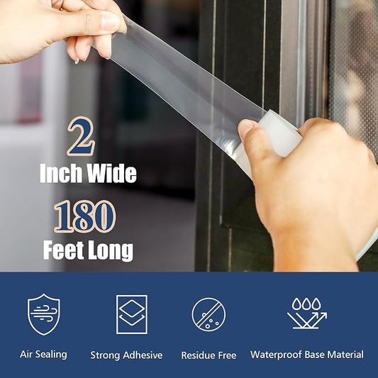 Breliter Heavy Duty Window Weather Sealing Tape - Transparent Window Tape for Winter and AC Insulation, No Mess Winter Window Seal Kit - 2 Inch Wide 180 FT Long