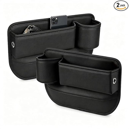 2 Pack Leather Car Seat Gap Organizer Filler with Cup Holder | PVC Leather Seat Gap Filler, Universal Front Seat Storage Box for Cell Phones, Wallets, Keys, Cards, Interior Accessories