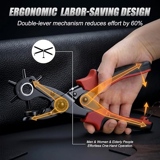 XZQTIVE 6 Sizes Heavy Duty Revolving Punch Plier Kit, Double Lever Labor-Saving Belt Hole Puncher Tool Set for Leather Repair, Watch Bands, Bag Straps, Dog Collars, Saddles, Shoes, Fabric, DIY Crafts