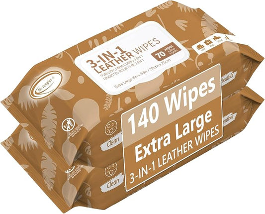 Air Jungles 3in1 Leather Cleaner Wipes 140 Count, Extra Large 8" x 10" Size | Clean, Condition, Protect Wipes For Vinyl & Leather Apparel, Furniture, Auto Car Interior, Shoes, Boots, Bags