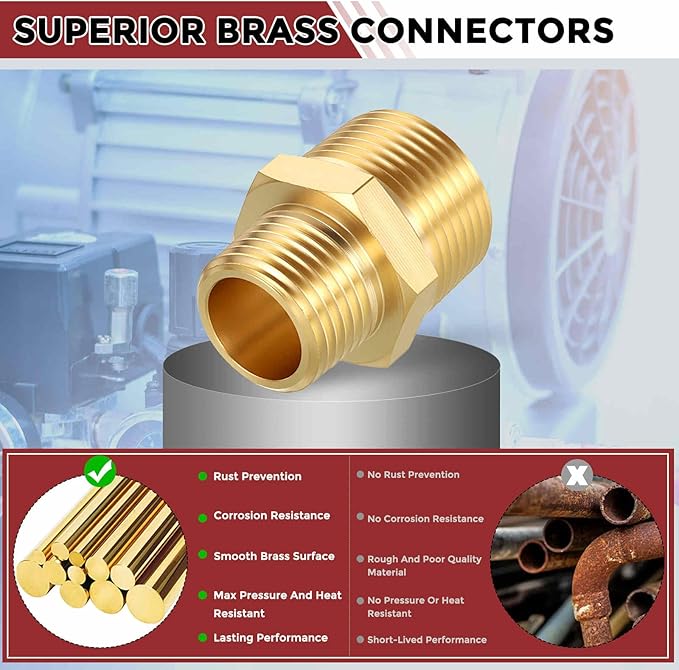 Pack of 1, 3/4" Male NPT to 1/2" Male NPT Solid Brass Hex Nipple Hose Connectors, Male Pipe Adapter for Pipe Leak Repair, Bathroom Remodeling, Tool Extensions, Compression