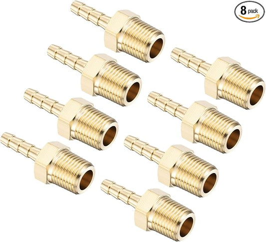 Pack of 8 Brass Hose Barb Fittings Adapter Connector 5/32" Hose Barb to 1/8" NPT Male Fittings for Home Machines, Massage Bathtubs, and Irrigation Systems