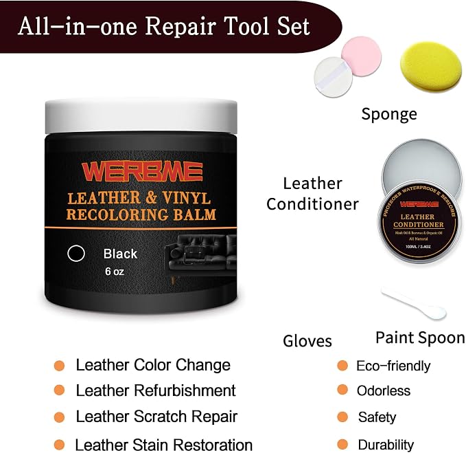 Leather Recoloring Balm & Mink Oil Leather Conditioner, Black | Restores faded leather, waterproof, scratch repair for couches, car seats, shoes & bags, Complete kit with mink oil & tools