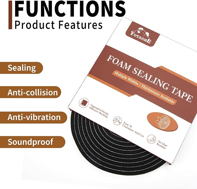 Yotache Weather Stripping Door Seal Strip 1/4" x1/8", New Adhesive Foam Insulation Seal Tape for Door Jamb Frame, Windows, 3 Rolls x 16.5ft, Total 50ft Long