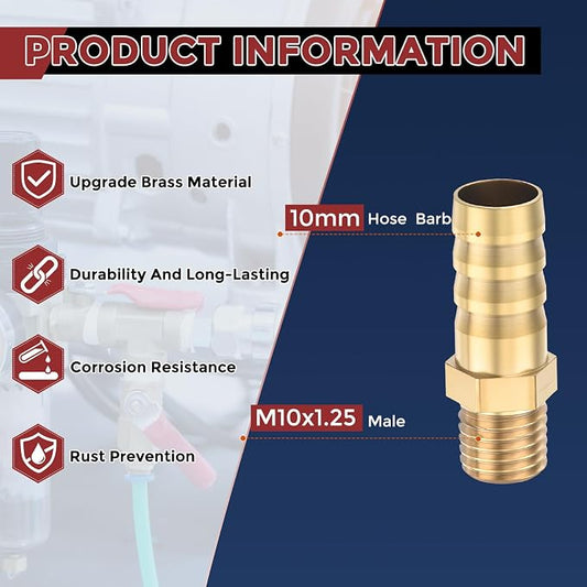 Pack of 8 Brass Hose Barb Fittings Adapter Connector 10mm Hose Barb to M10x1.25 Male Fittings for Home Machines, Massage Bathtubs, and Irrigation Systems
