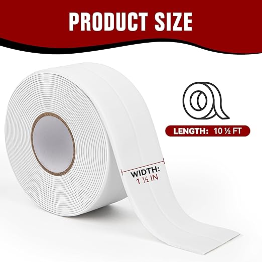 White Waterproof Caulk Tape, Self-Adhesive for Toilet, Tub, Kitchen, Corners,Bathroom Surfaces, Easy Application, 1-1/2 Inch x 10-1/2 Feet-1roll
