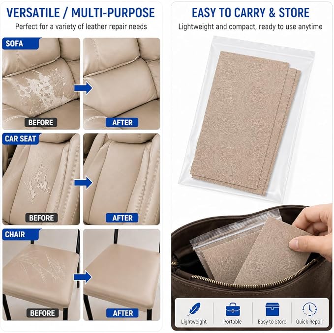 2PCS 8×4 Inch PU Leather Patch for Car Seat Repair, Self-Adhesive Leather Repair Patch Tape for Vinyl Leather Upholstery, Car Seat Furniture Repair Kit (Khaki)