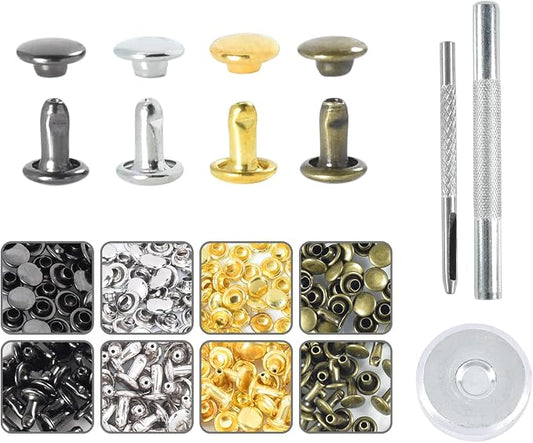 400Sets 6mm Double Cap Leather Rivets Kit, Leathercraft Rivet Tubular Metal Rivets Studs with 3PCS Punch Rivets Setting Tools, for Keyring Pets Collar Bag Repair Decorate Crafts Accessories (4 Colors)