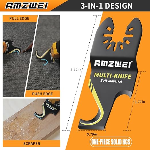 AMZWEI 3PCS Hook Knife Oscillating Multi Tool Blade, Hook Push Pull Scraper Saw Blades for Roofing Shingles, PVC Floor Carpet, Cardboard Cutting, Compatible with Dewalt Milwaukee Craftsman Ryobi