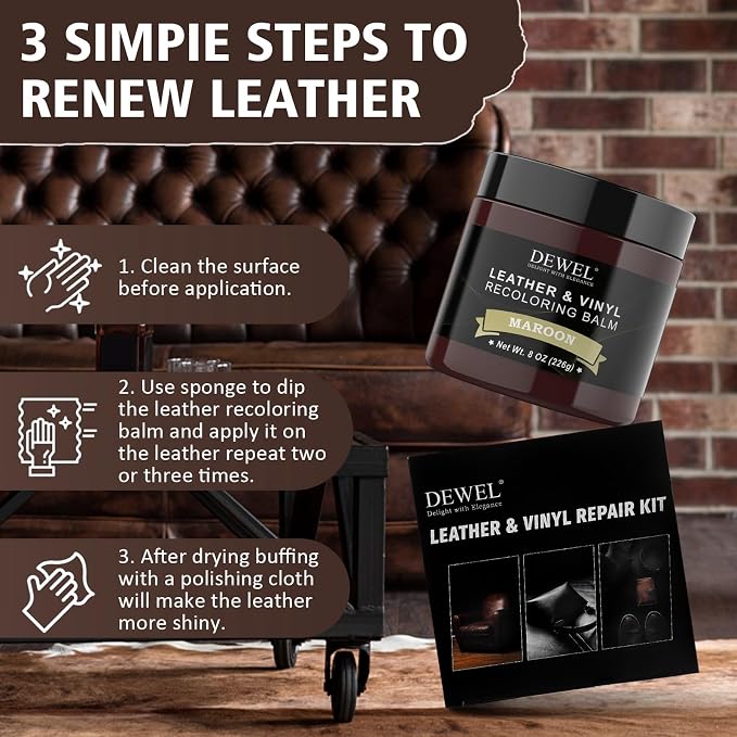 DEWEL Leather Recoloring Balm, Maroon Leather Color Restorer for Scratched and Faded, Leather Scratch Remover, Upgrade Leather Repair Kit for Restore Couches, Car Seats, Shoes, Boots