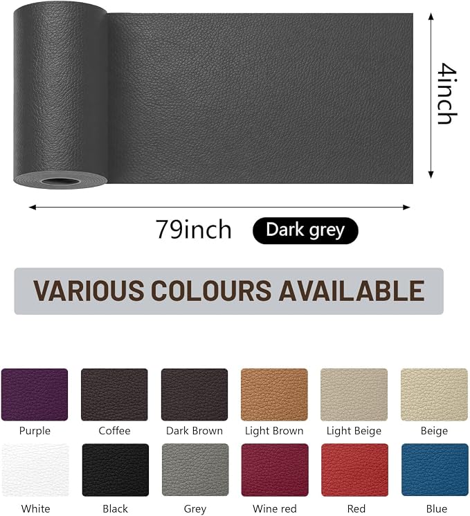 BOUYEER Leather Repair Patch Tape Kit,Self Adhesive Leather Repair for Sofa，Car Seat,Office Chair,Furniture,Jacket,Waterproof Strong Adhesive Vinyl Repair Kit. 4 in x 79 in,Dark Grey