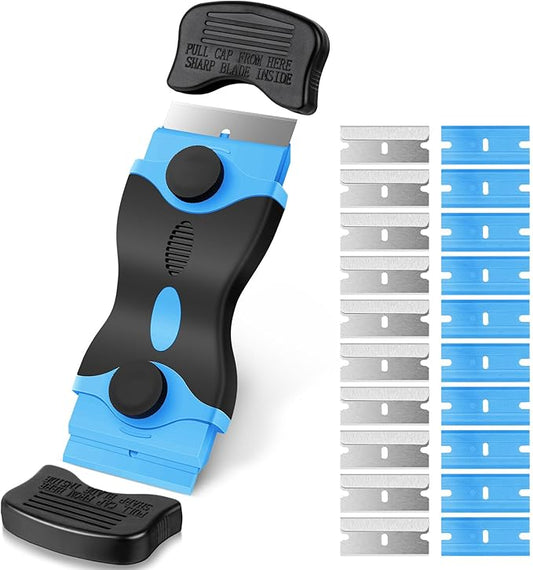 Ainiv Razor Blade Scraper, 2-in-1 Scraper Tool with 10PCS Metal Blades and 10PCS Plastic Blades, Multi-funtional Cleaning Razor Scraper for Decals, Stickers, Labels, Caulk, Adhesive Removal(Blue)