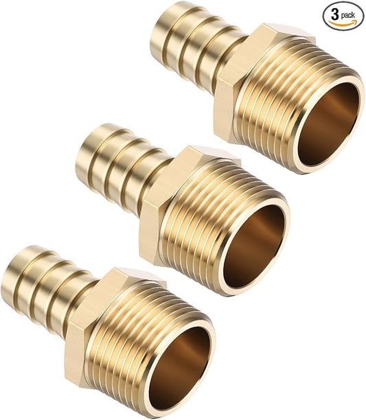 Pack of 3 Brass Hose Barb Fittings Adapter Connector 5/8" Hose Barb to 3/4" NPT Male Fittings for Home Machines, Massage Bathtubs, and Irrigation Systems